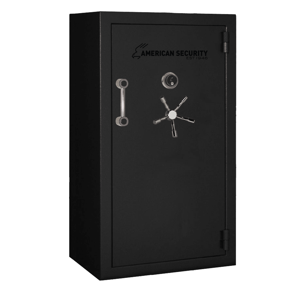 AMSEC BFX6636 gun safe in black textured finish showing front door, pull handle, and dial combo lock— Made in USA, 2-hour fire rated
