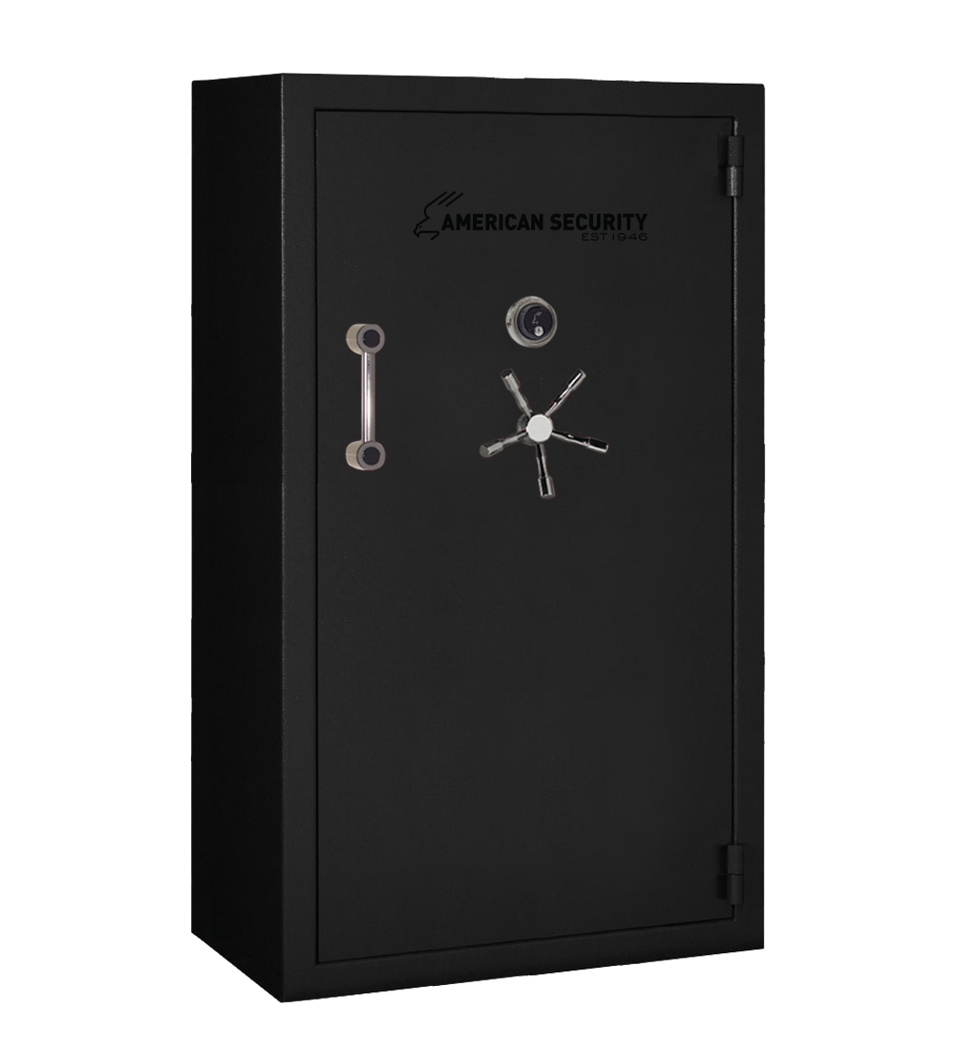 AMSEC BFX7240 gun safe in black textured finish showing front door, pull handle, and dial combo lock— Made in USA, 2-hour fire rated