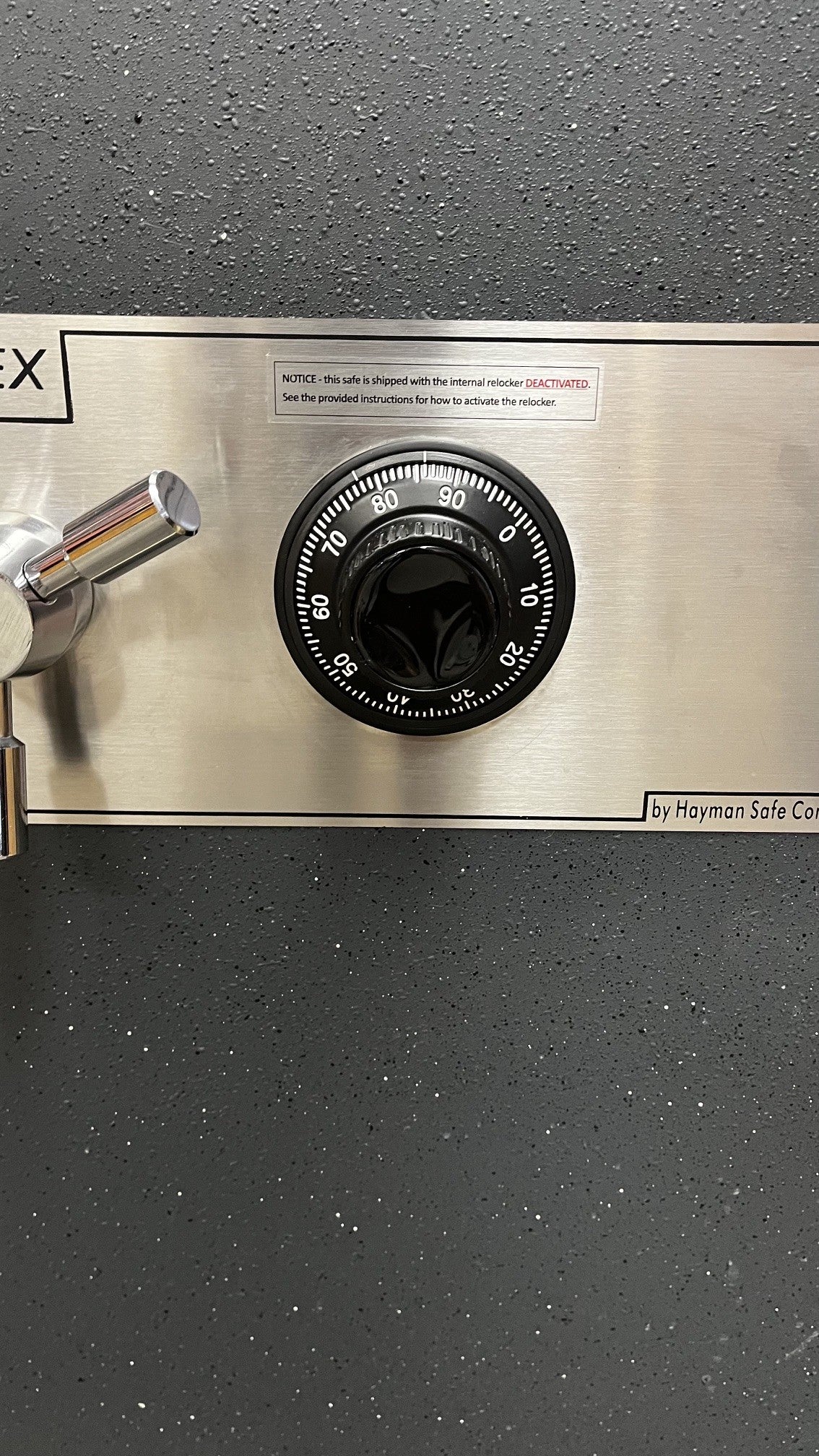 View of the dial lock the safe comes equipped with. 
