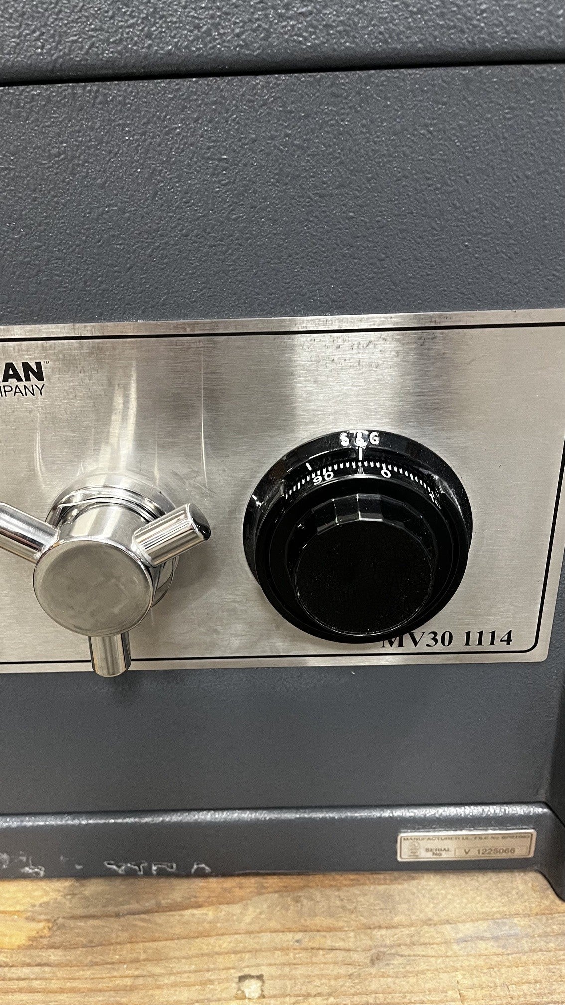 Close-up of the S&G dial lock. 