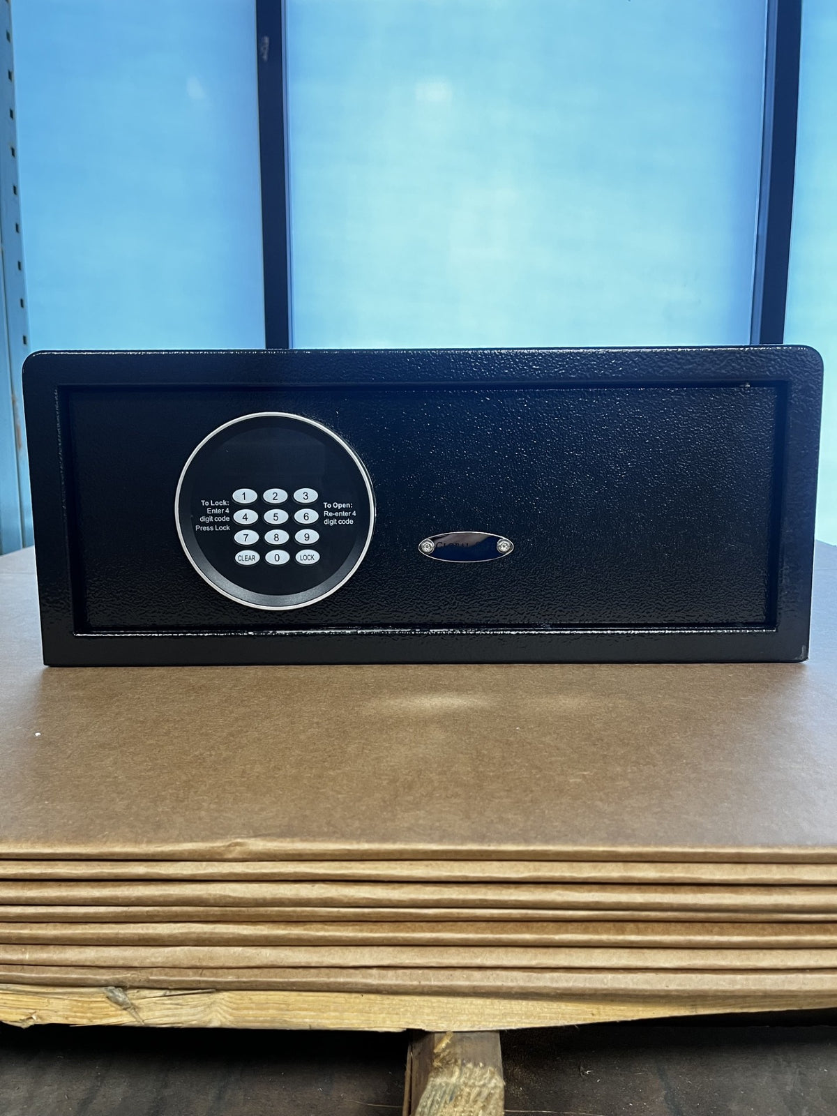 View of the front of the safe, it comes with a digital lock. 