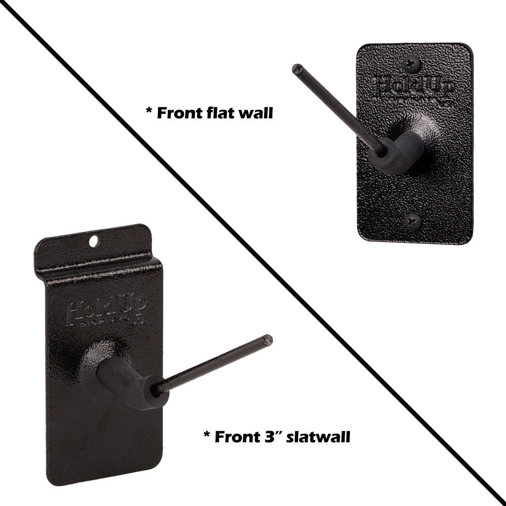 Black wall hooks on a white background with text indicating 'Front flat wall' and 'Front 3" slatwall'.
