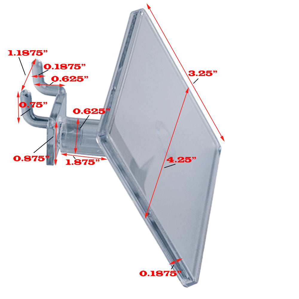 Clear plastic bracket with dimensions labeled on a white background