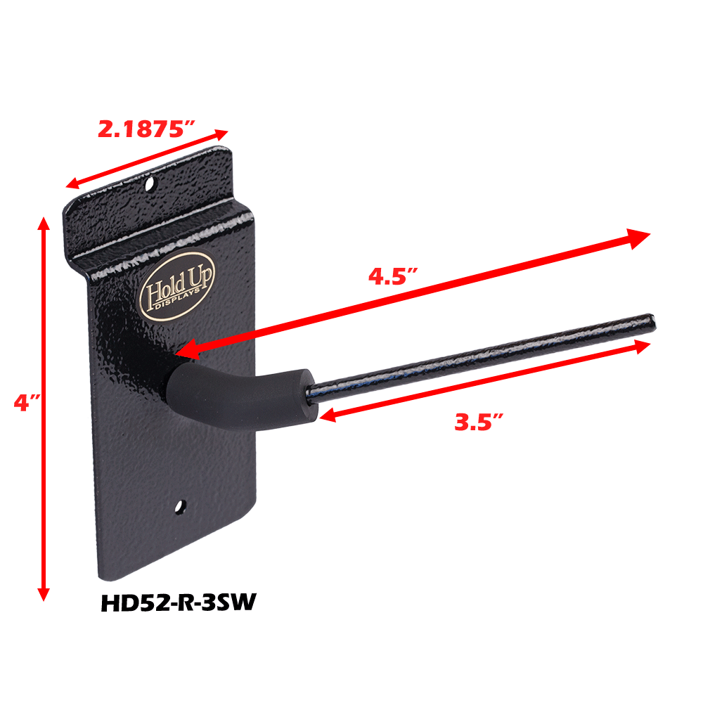 Hold Up Displays In Barrel Wall Mount Pistol Holder HD52-R-SW Right Facing Dimensions