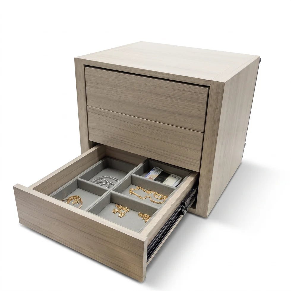 Liberty Pro Flex Jewelry Drawer bottom drawer open showing four divided gray-felt compartments holding chains and pendants