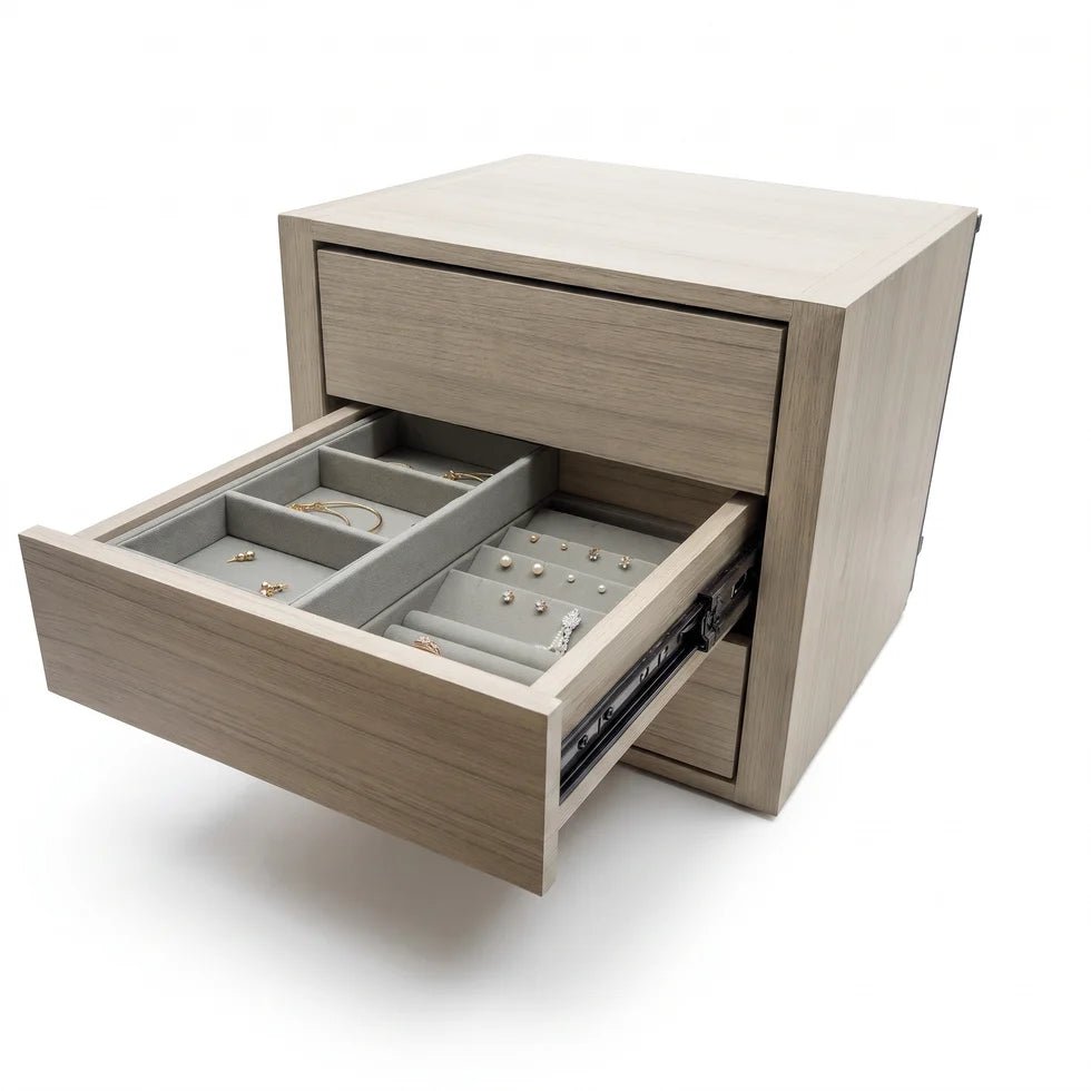 Liberty Pro Flex Jewelry Drawer middle drawer open showing ring slots on the left and earring post holes on the right