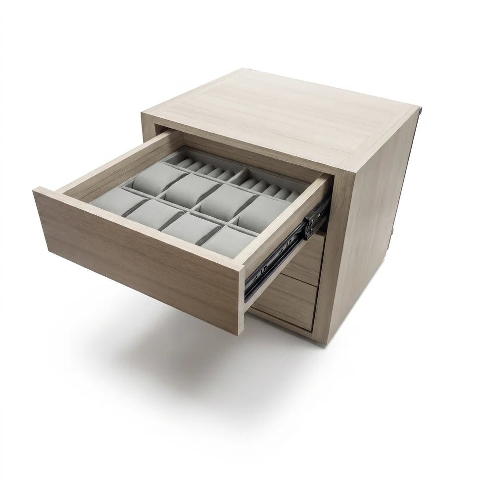 Liberty Pro Flex Jewelry Drawer top drawer open showing eight gray watch pillows arranged in two rows of four
