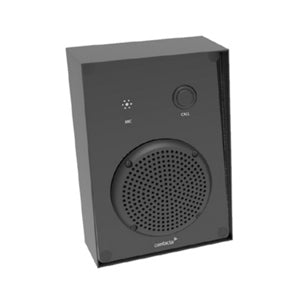 Close-up of the Contacta K009-IP outdoor call unit in black with speaker grille, MIC indicator, and front CALL button