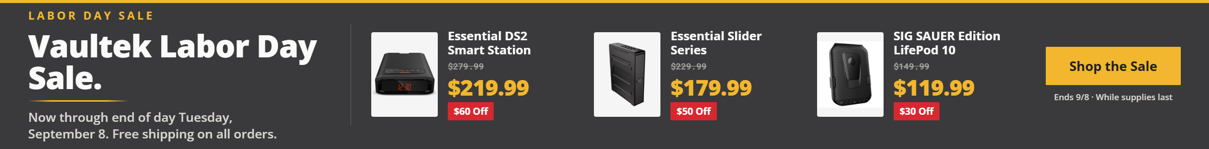 Promotional banner for the Vaultek Labor Day Sale with free shipping on all orders, featuring the Essential DS2 Smart Station at $219.99, the Essential Slider Series at $179.99, and the SIG SAUER Edition LifePod 10 at $119.99. Valid through end of day Tuesday, September 8th, while supplies last.