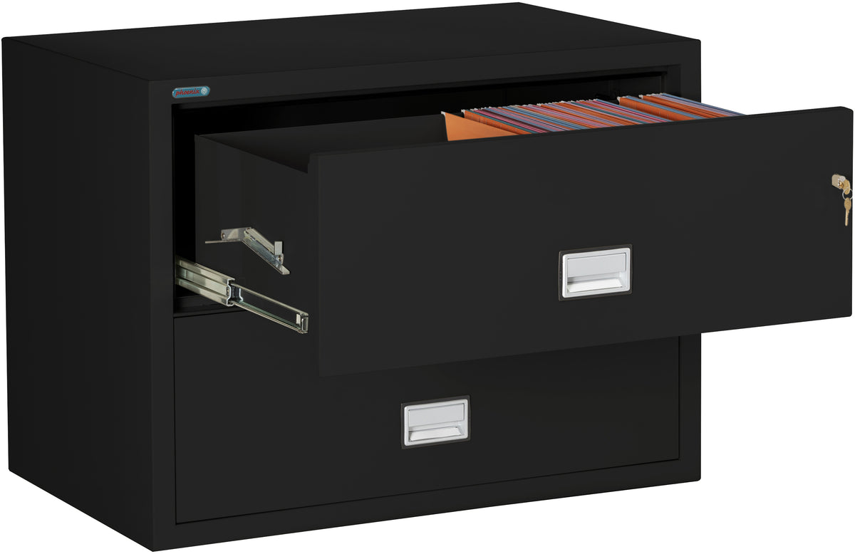 Phoenix Safe LAT2W38 38&quot; 2 Drawer Lateral Size Fire File Cabinet Black Drawer Open