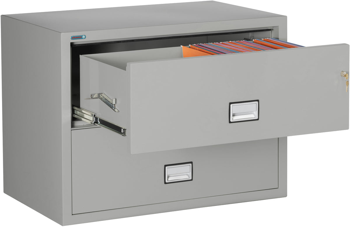 Phoenix Safe LAT2W38 38&quot; 2 Drawer Lateral Size Fire File Cabinet Light Grey Drawer Open