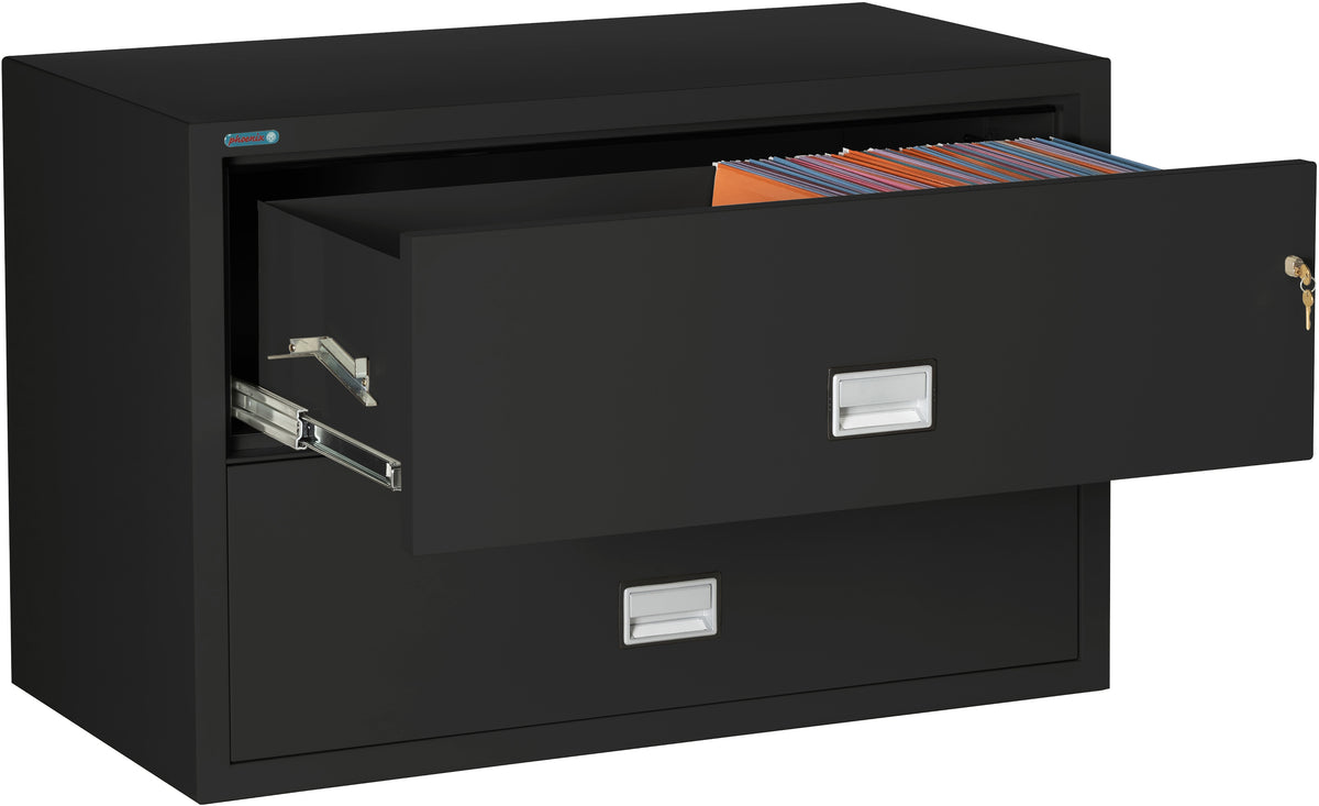 Phoenix Safe LAT2W44 44&quot; 2 Drawer Lateral Size Fire File Cabinet Black Drawer Open
