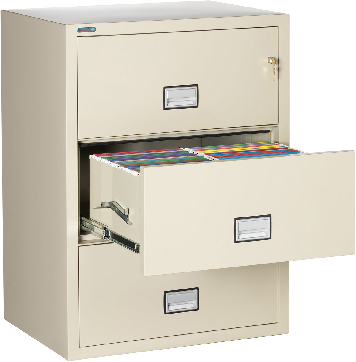 Phoenix Safe LAT3W31 31&quot; 3 Drawer Lateral Size Fire File Cabinet Putty Middle Drawer Open 2