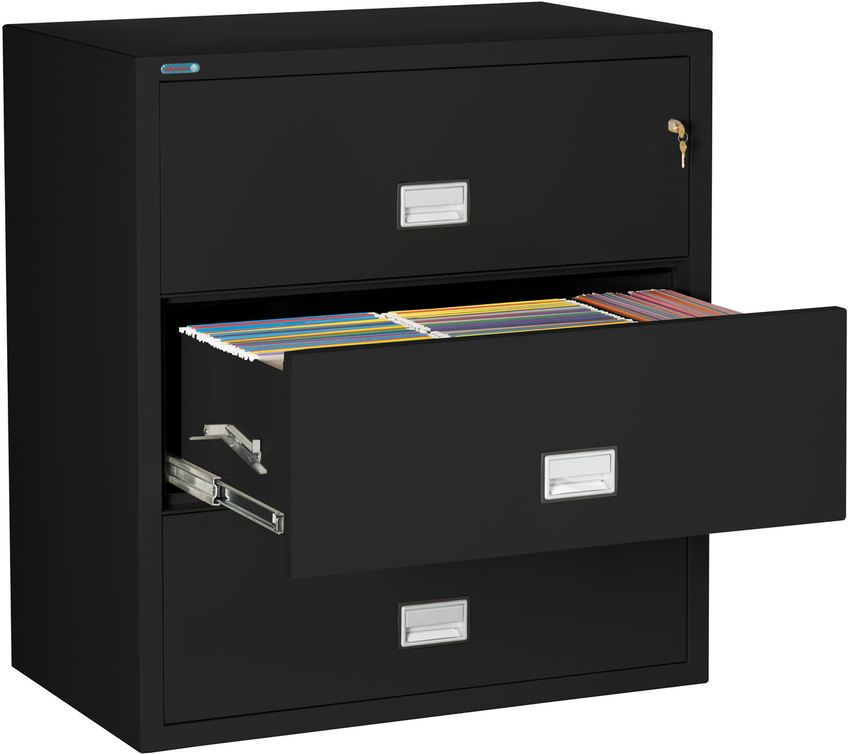 Phoenix Safe LAT3W38 38&quot; 3 Drawer Lateral Size Fire File Cabinet Black Middle Drawer Open 2