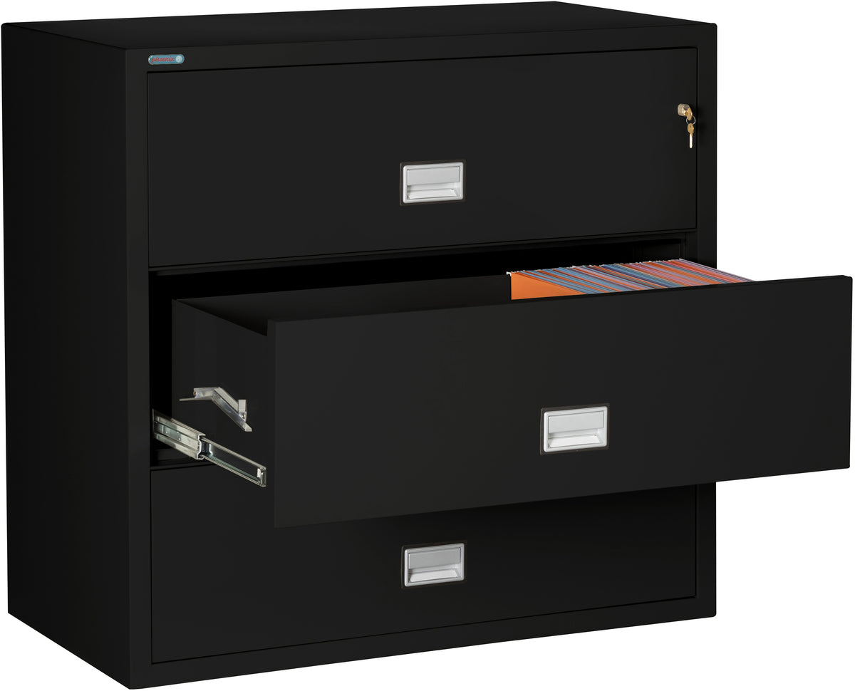 Phoenix Safe LAT3W44 44&quot; 3 Drawer Lateral Size Fire File Cabinet Black Middle Drawer Open