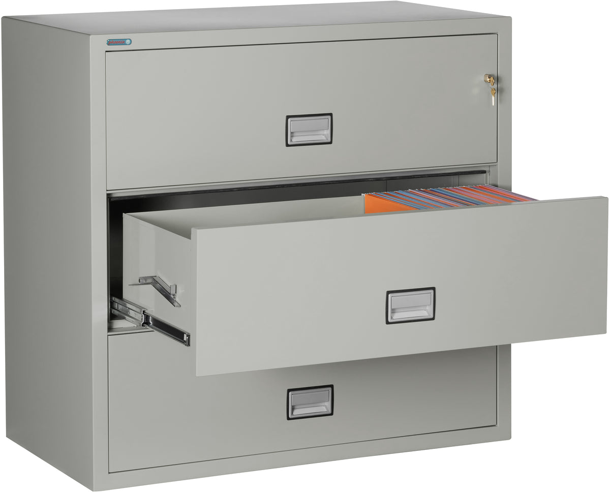 Phoenix Safe LAT3W44 44&quot; 3 Drawer Lateral Size Fire File Cabinet Light Gray Middle Drawer Open