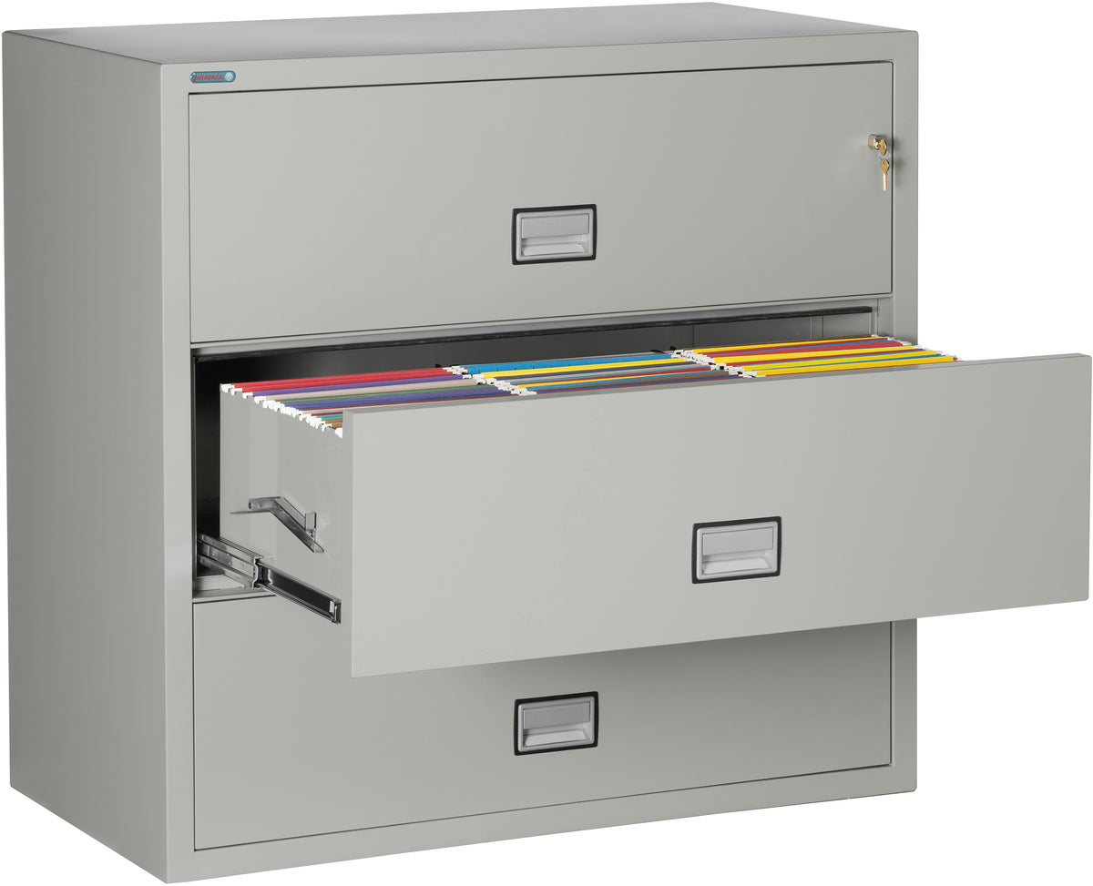 Phoenix Safe LAT3W44 44&quot; 3 Drawer Lateral Size Fire File Cabinet Light Gray Middle Drawer Open 2