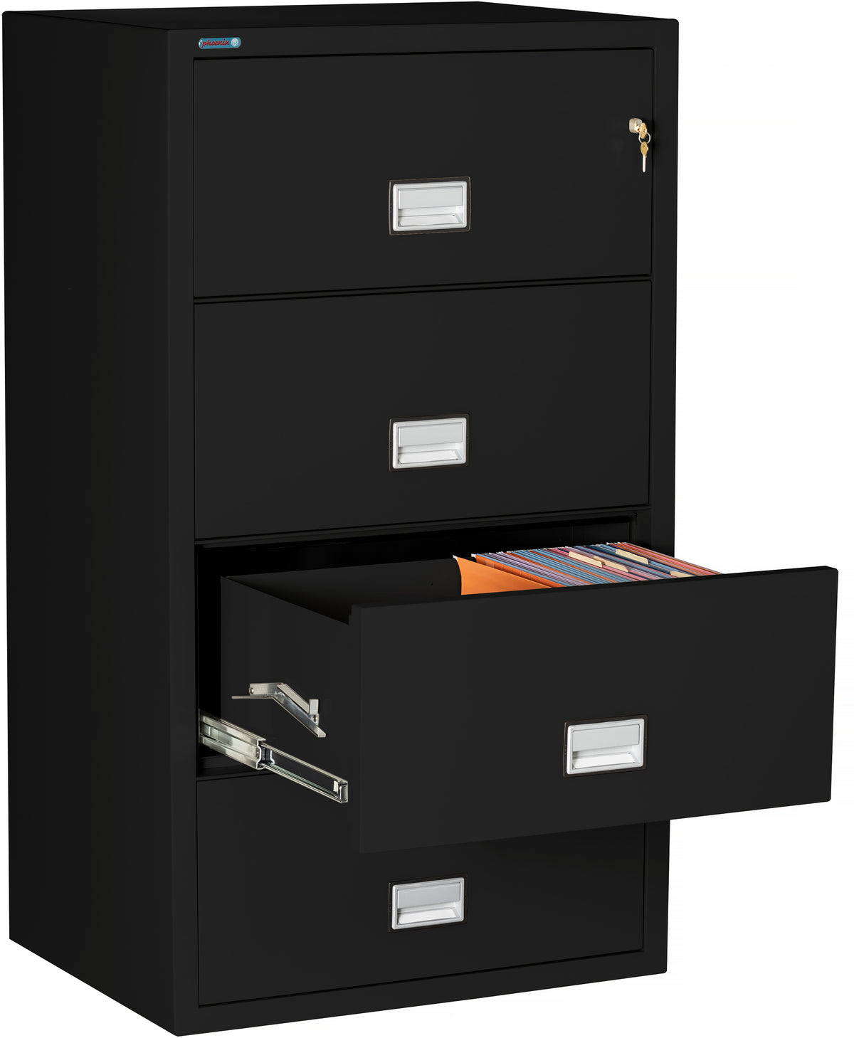 Phoenix Safe LAT4W31 31" 4 Drawer Lateral Size Fire File Cabinet Black Third Drawer Open