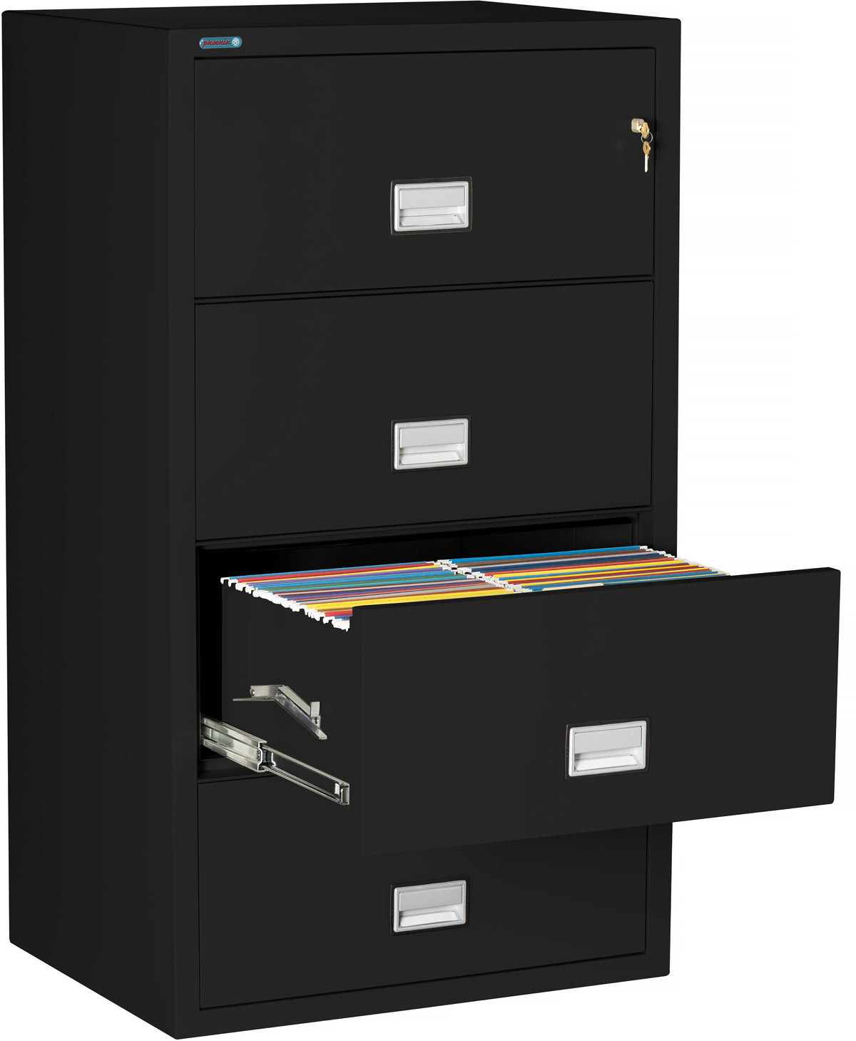 Phoenix Safe LAT4W31 31" 4 Drawer Lateral Size Fire File Cabinet Black Third Drawer Open 2