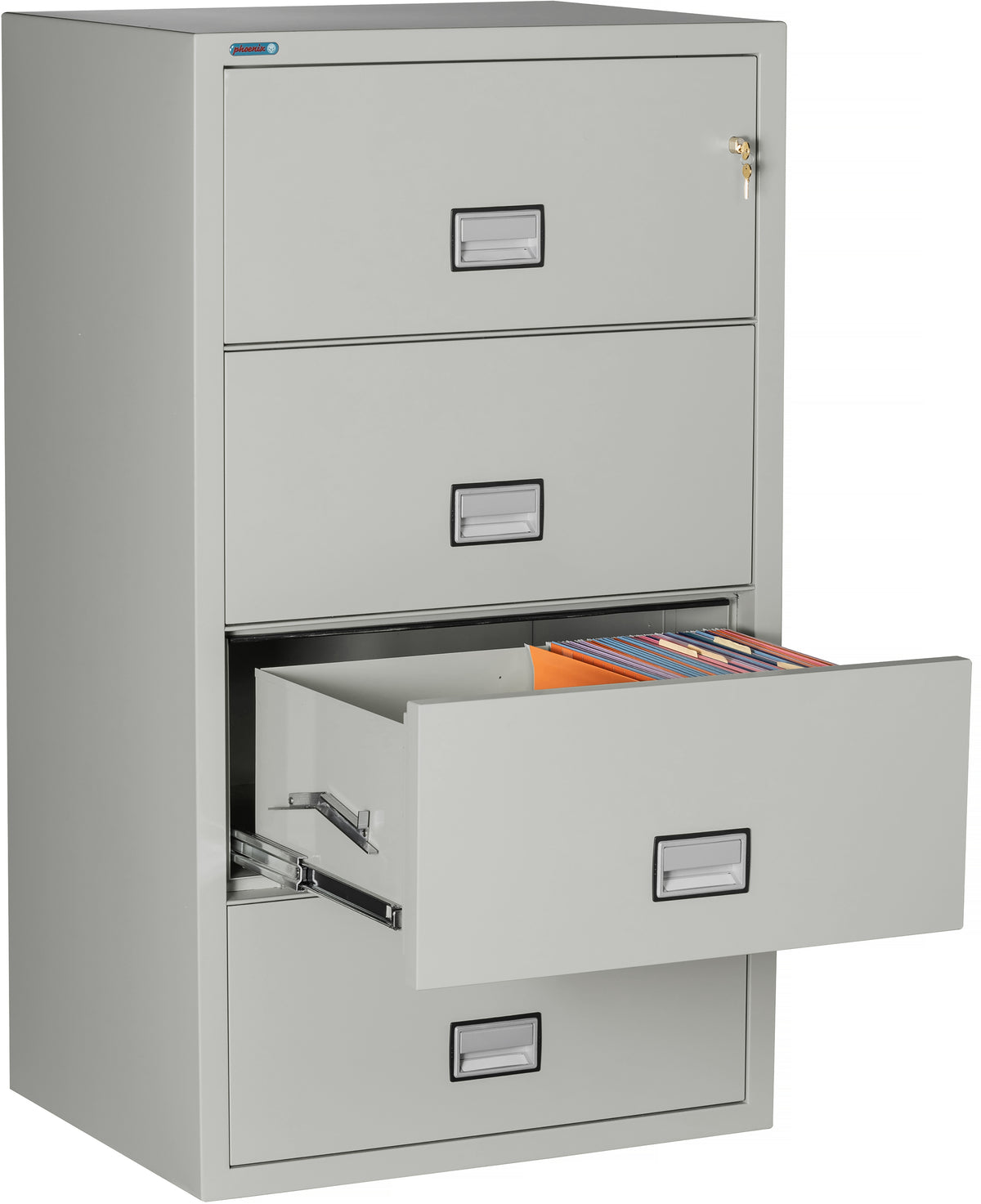 Phoenix Safe LAT4W31 31" 4 Drawer Lateral Size Fire File Cabinet Light Gray Third Drawer Open