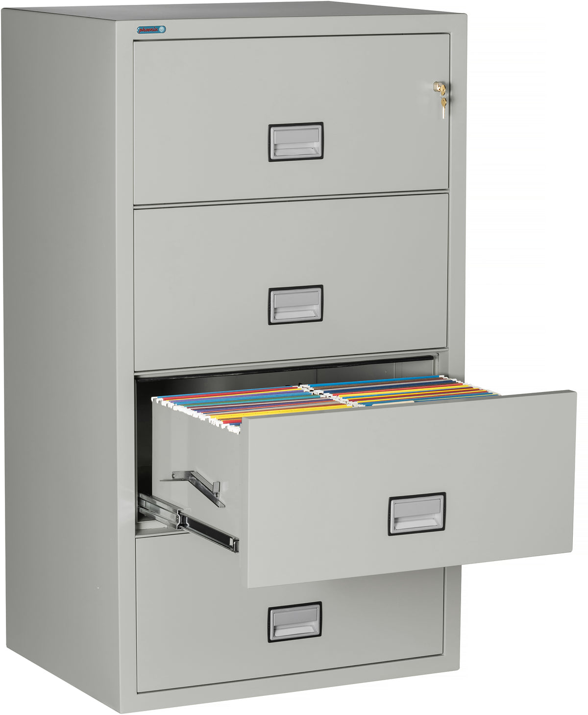 Phoenix Safe LAT4W31 31" 4 Drawer Lateral Size Fire File Cabinet Light Gray Third Drawer Open 2