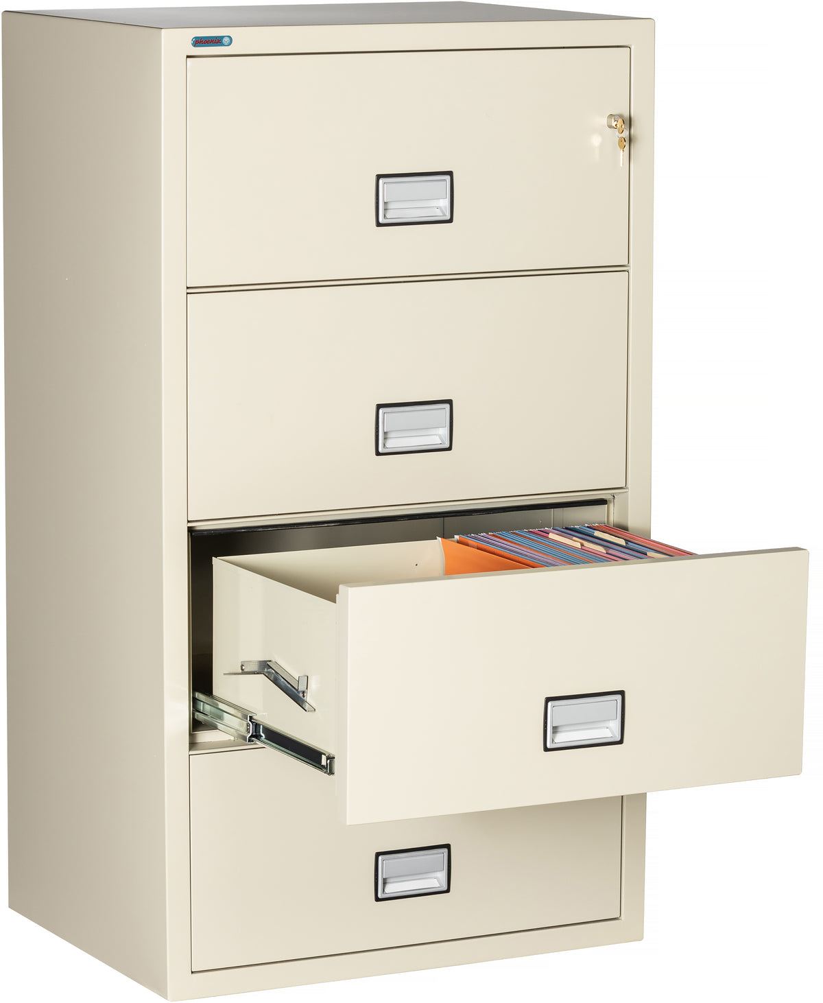 Phoenix Safe LAT4W31 31" 4 Drawer Lateral Size Fire File Cabinet Third Drawer Open