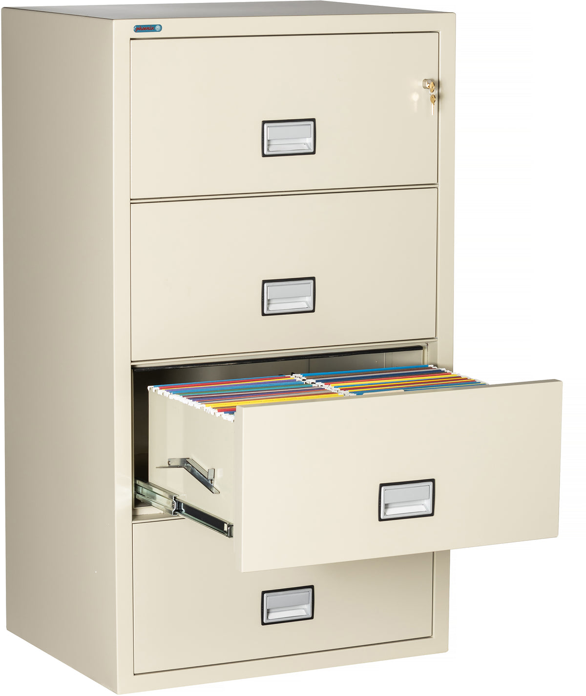 Phoenix Safe LAT4W31 31" 4 Drawer Lateral Size Fire File Cabinet Putty Third Drawer Open 2