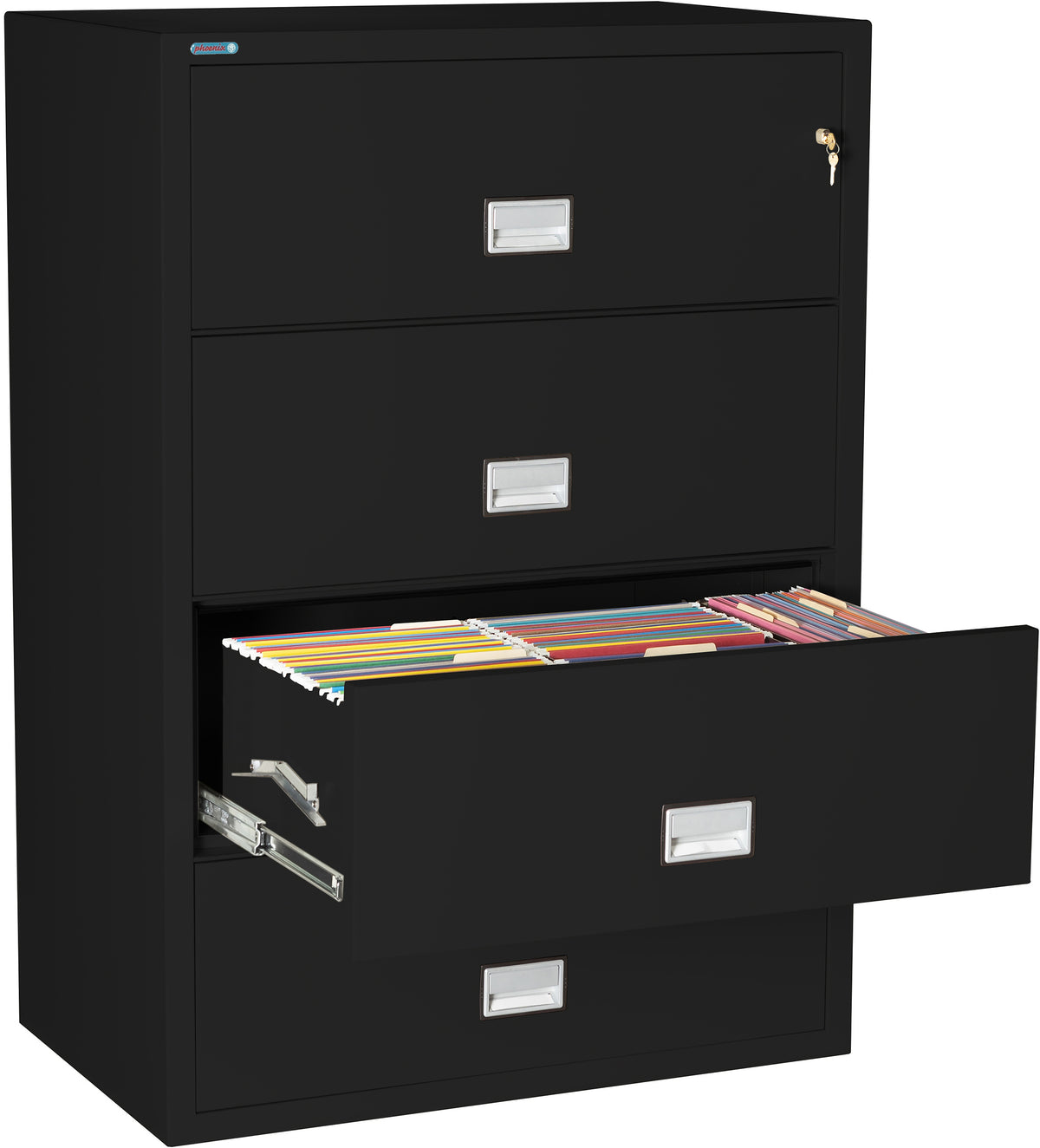 Phoenix Safe LAT4W38 38" 4 Drawer Lateral Size Fire File Cabinet Black Third Drawer Open