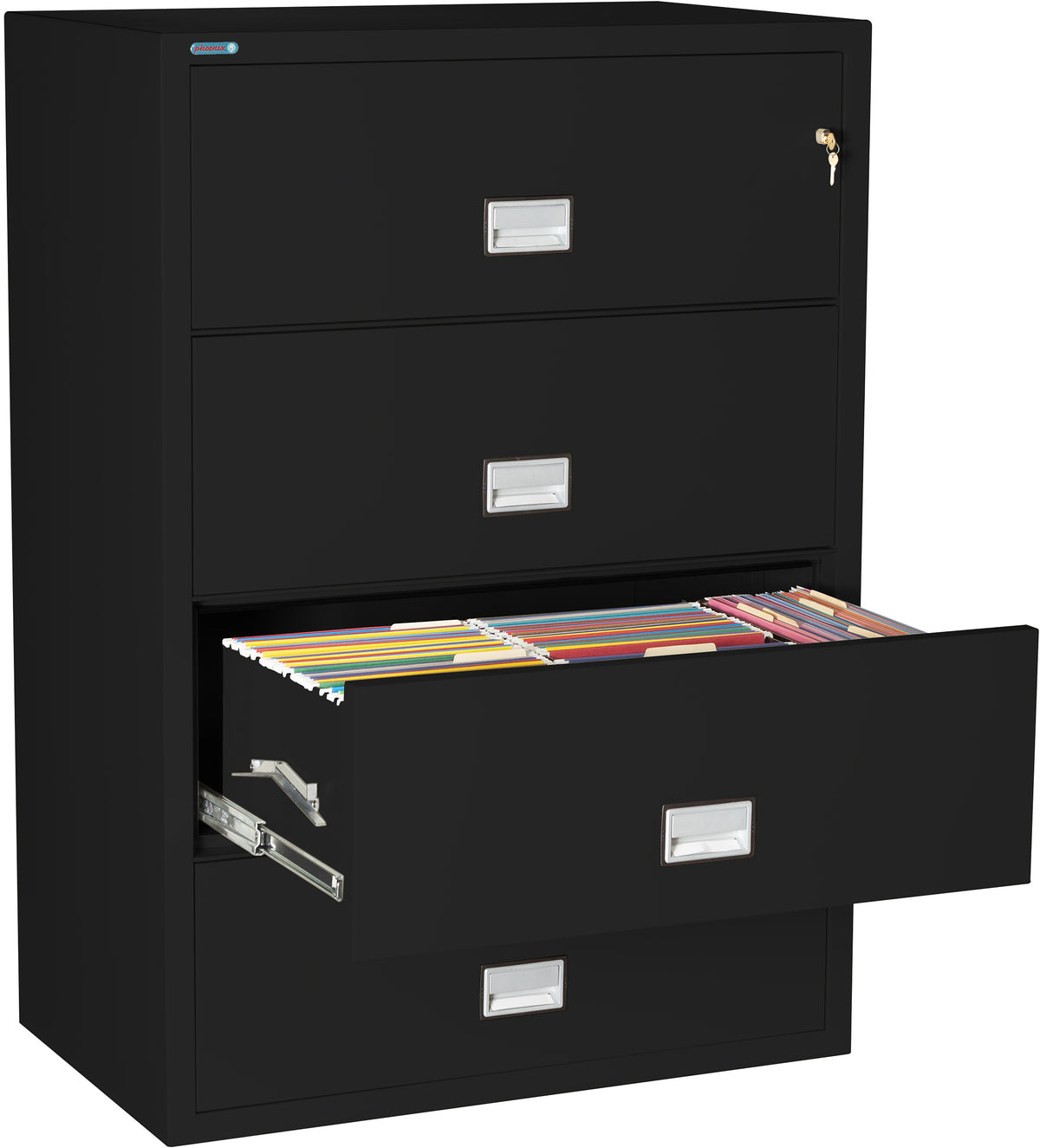 Phoenix Safe LAT4W38 38&quot; 4 Drawer Lateral Size Fire File Cabinet Black Third Drawer Open