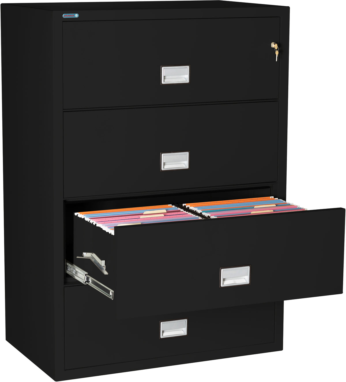 Phoenix Safe LAT4W38 38" 4 Drawer Lateral Size Fire File Cabinet Black Third Drawer Open 2