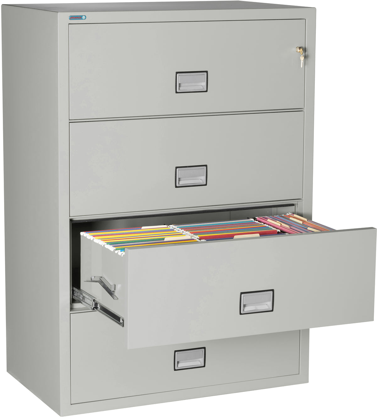 Phoenix Safe LAT4W38 38" 4 Drawer Lateral Size Fire File Cabinet Light Gray Third Drawer Open