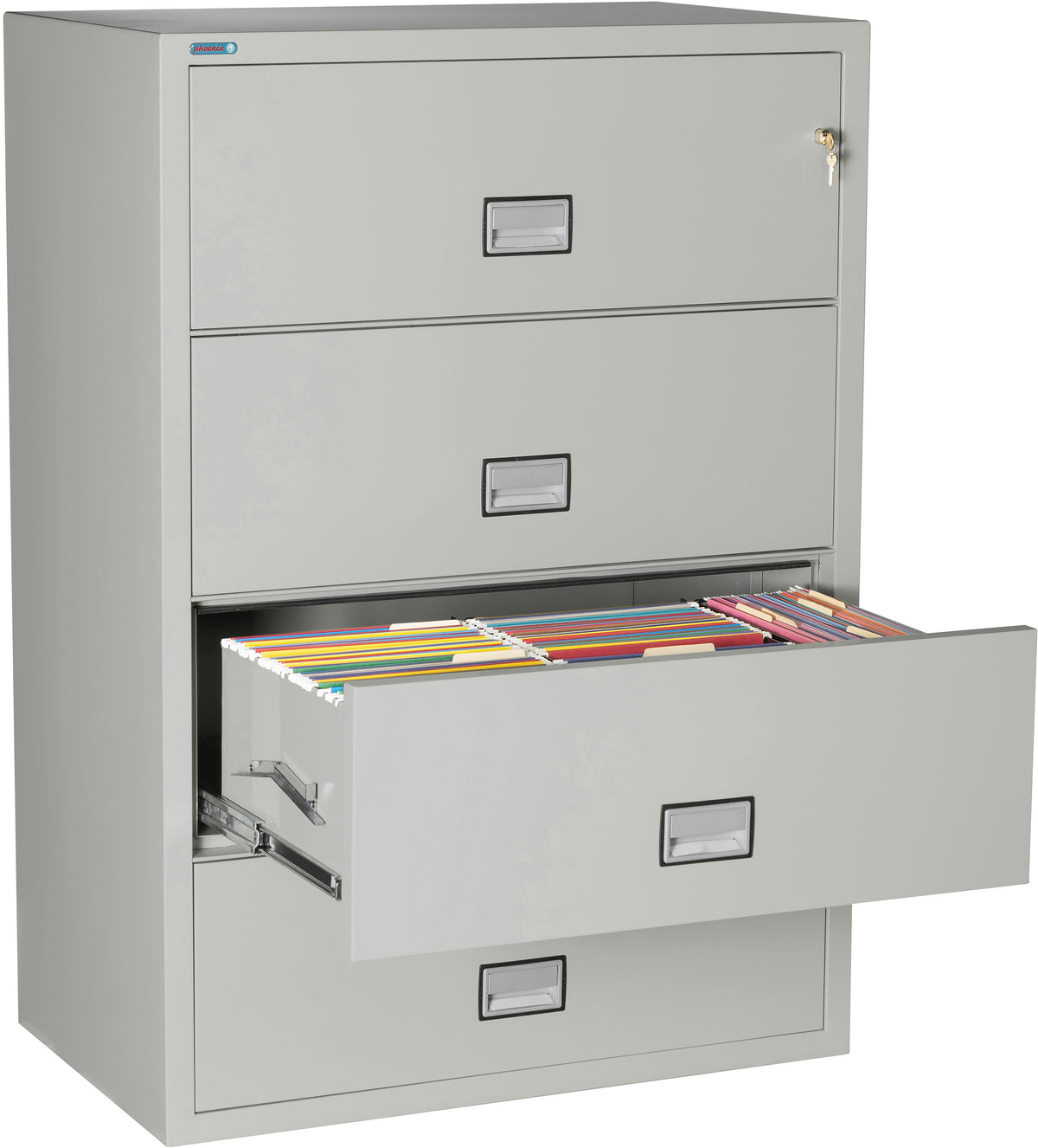 Phoenix Safe LAT4W38 38&quot; 4 Drawer Lateral Size Fire File Cabinet Light Gray Third Drawer Open