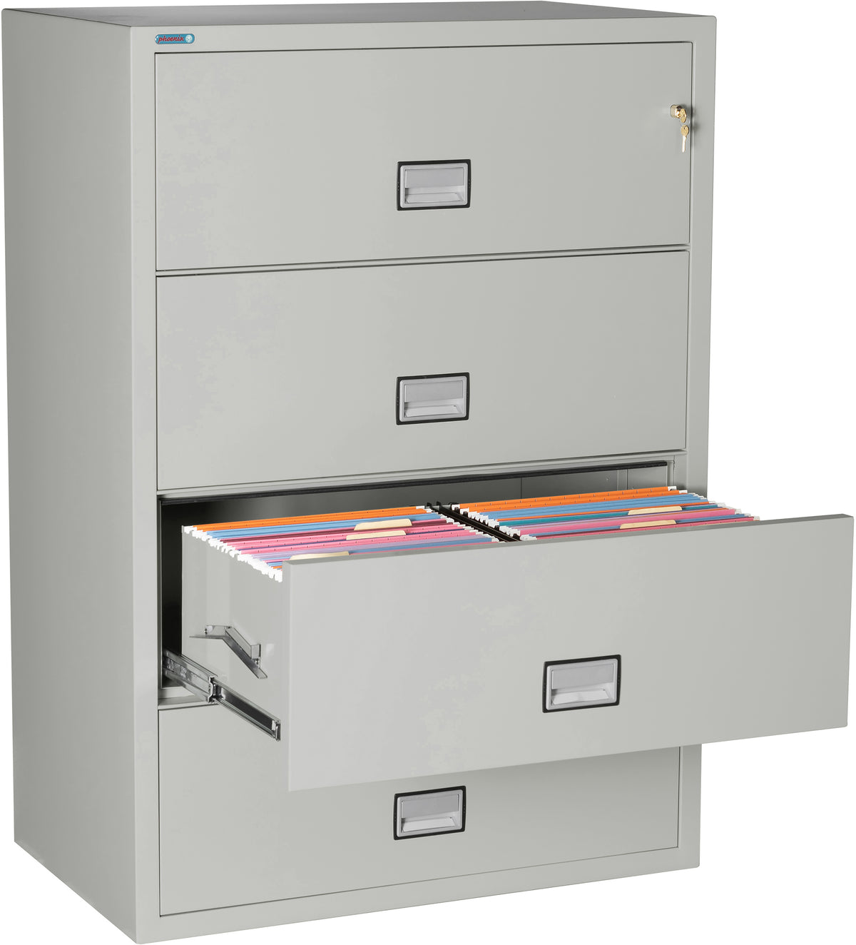 Phoenix Safe LAT4W38 38&quot; 4 Drawer Lateral Size Fire File Cabinet Light Gray Third Drawer Open 2