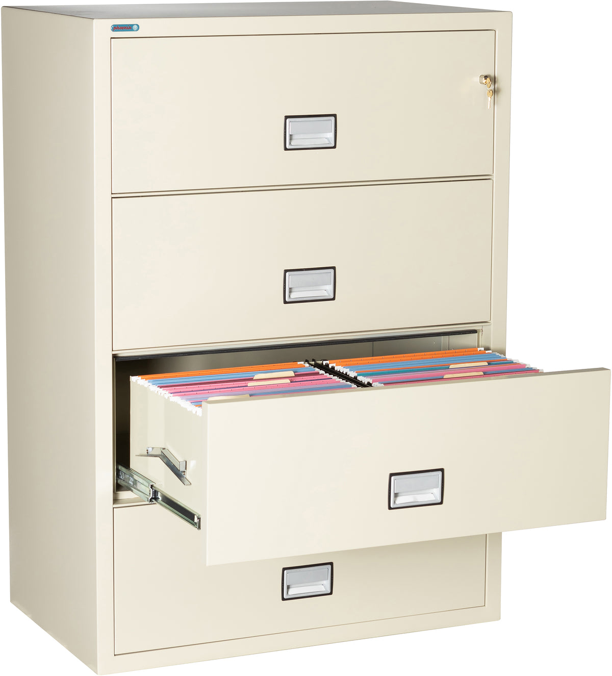 Phoenix Safe LAT4W38 38" 4 Drawer Lateral Size Fire File Cabinet Putty Third Drawer Open 2