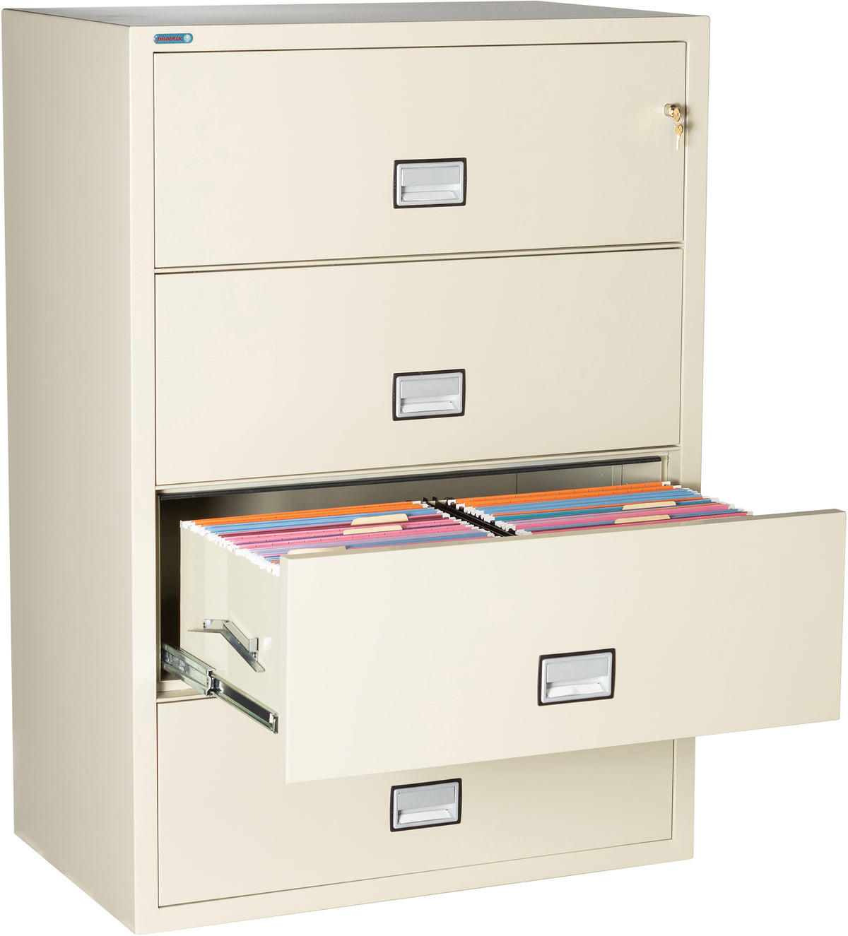 Phoenix Safe LAT4W38 38&quot; 4 Drawer Lateral Size Fire File Cabinet Putty Third Drawer Open 2