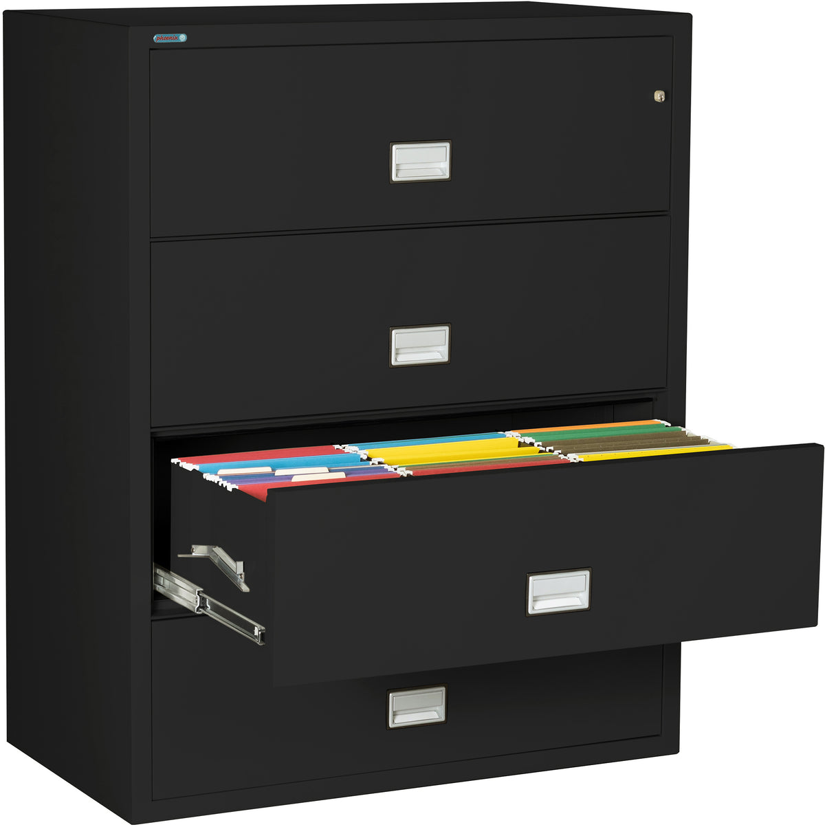 Phoenix Safe LAT4W44 44&quot; 4 Drawer Lateral Size Fire File Cabinet Black Third Drawer Open