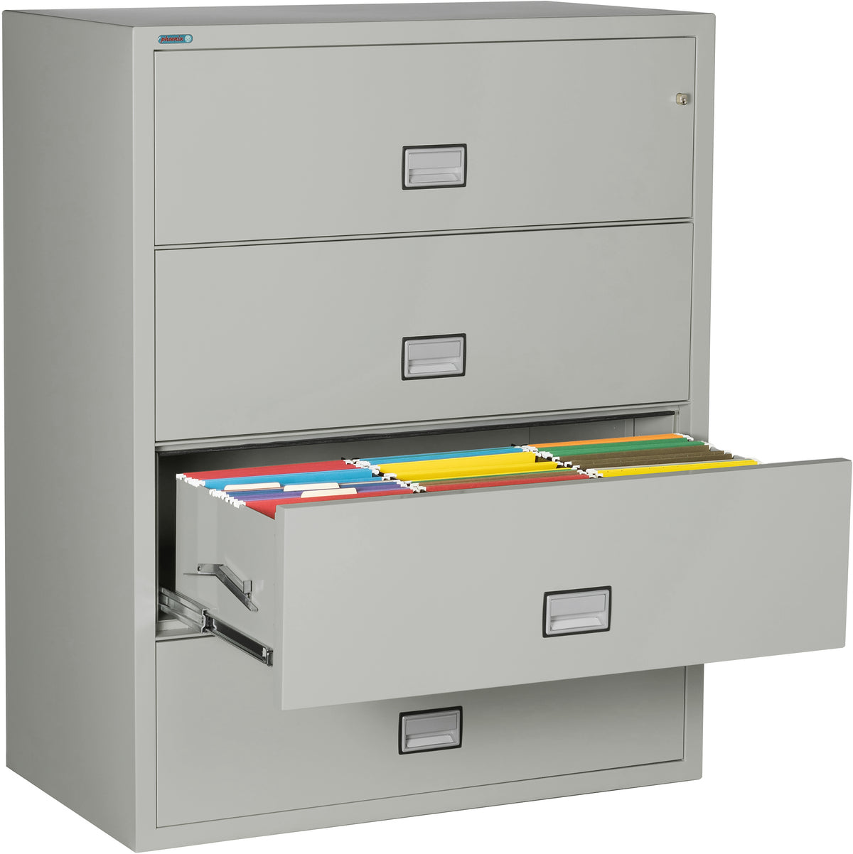 Phoenix Safe LAT4W44 44&quot; 4 Drawer Lateral Size Fire File Cabinet Light Gray Third Drawer Open