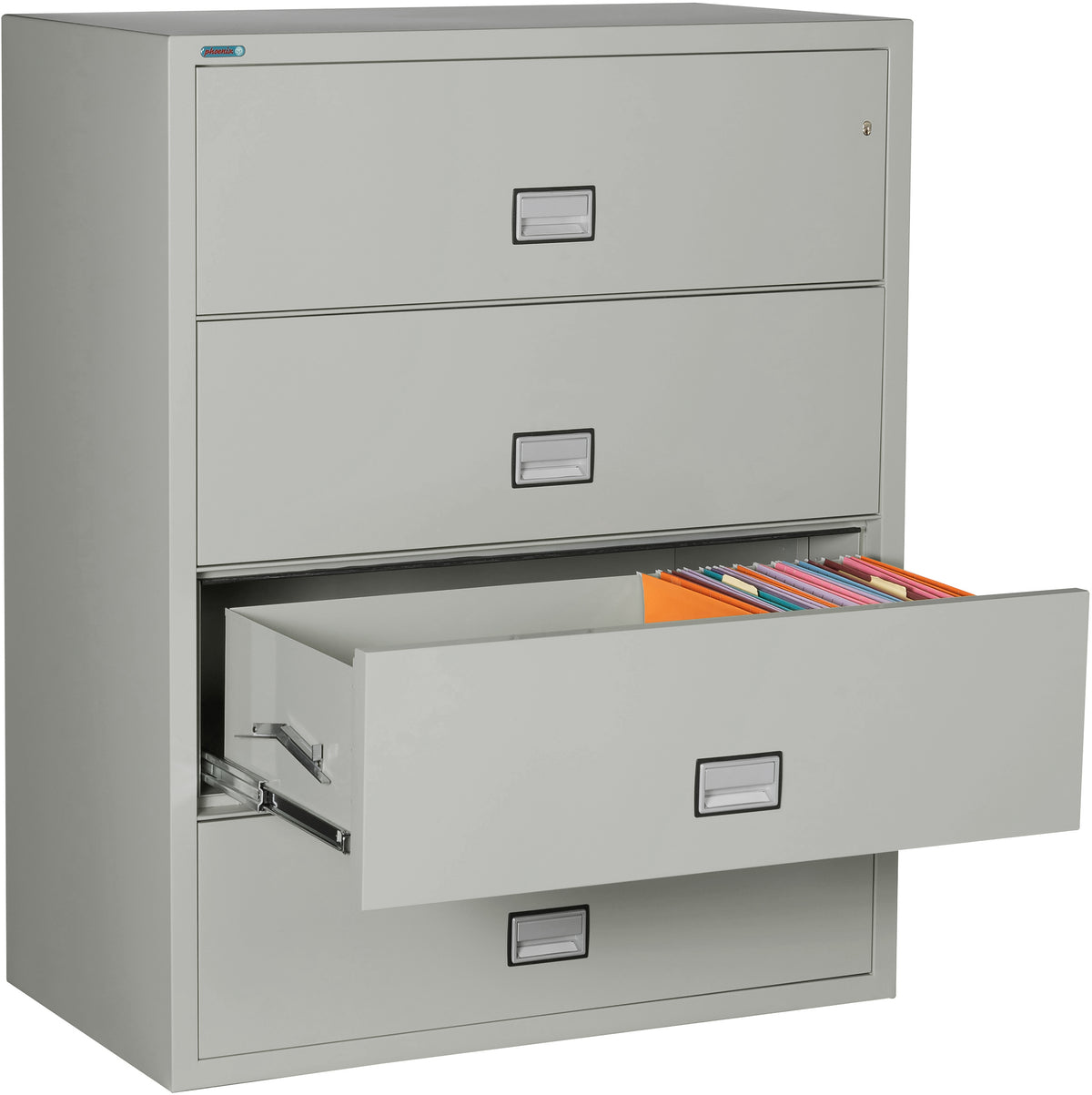 Phoenix Safe LAT4W44 44&quot; 4 Drawer Lateral Size Fire File Cabinet Light Gray Third Drawer Open 2
