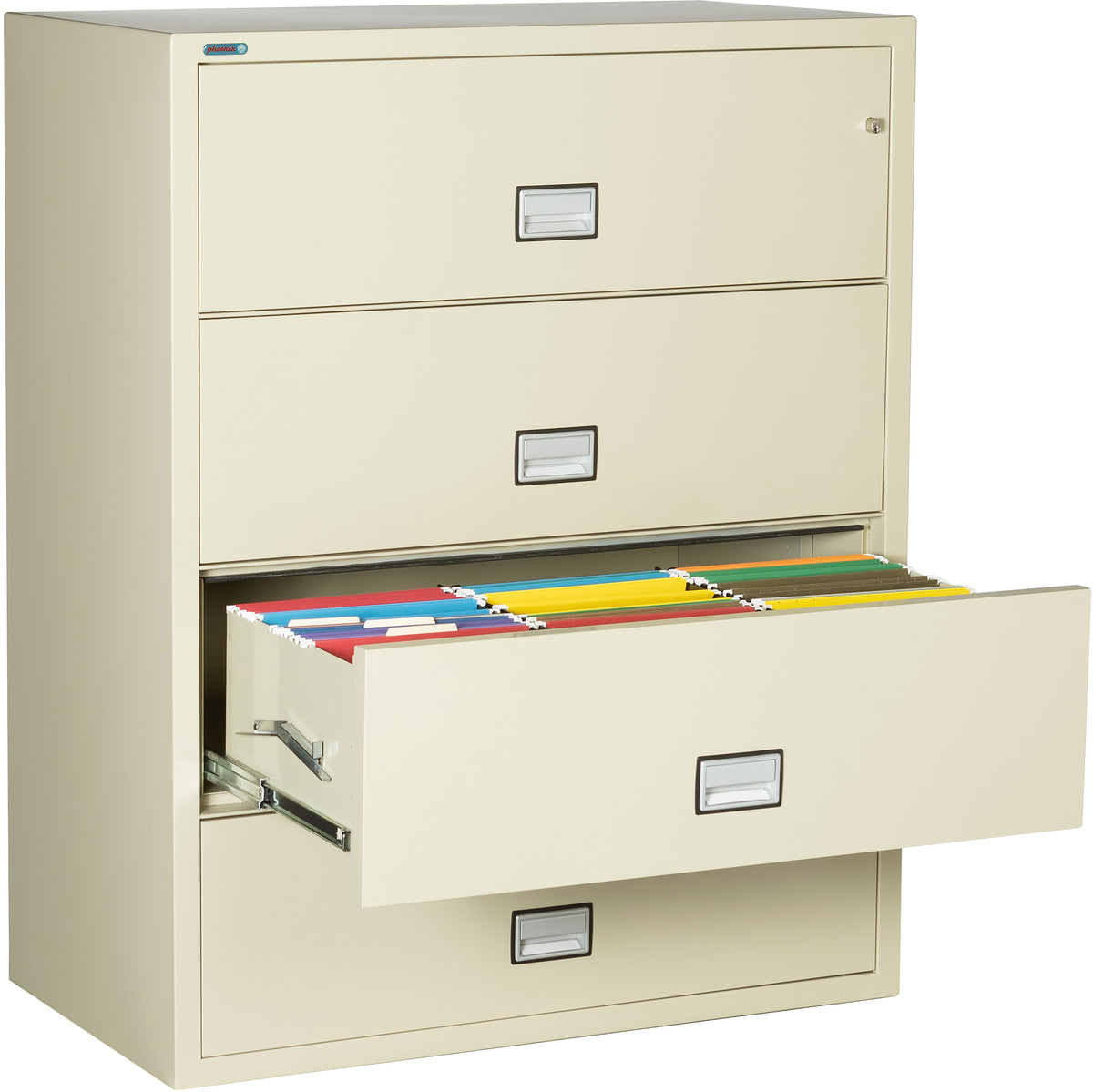 Phoenix Safe LAT4W44 44&quot; 4 Drawer Lateral Size Fire File Cabinet Putty Third Drawer Open
