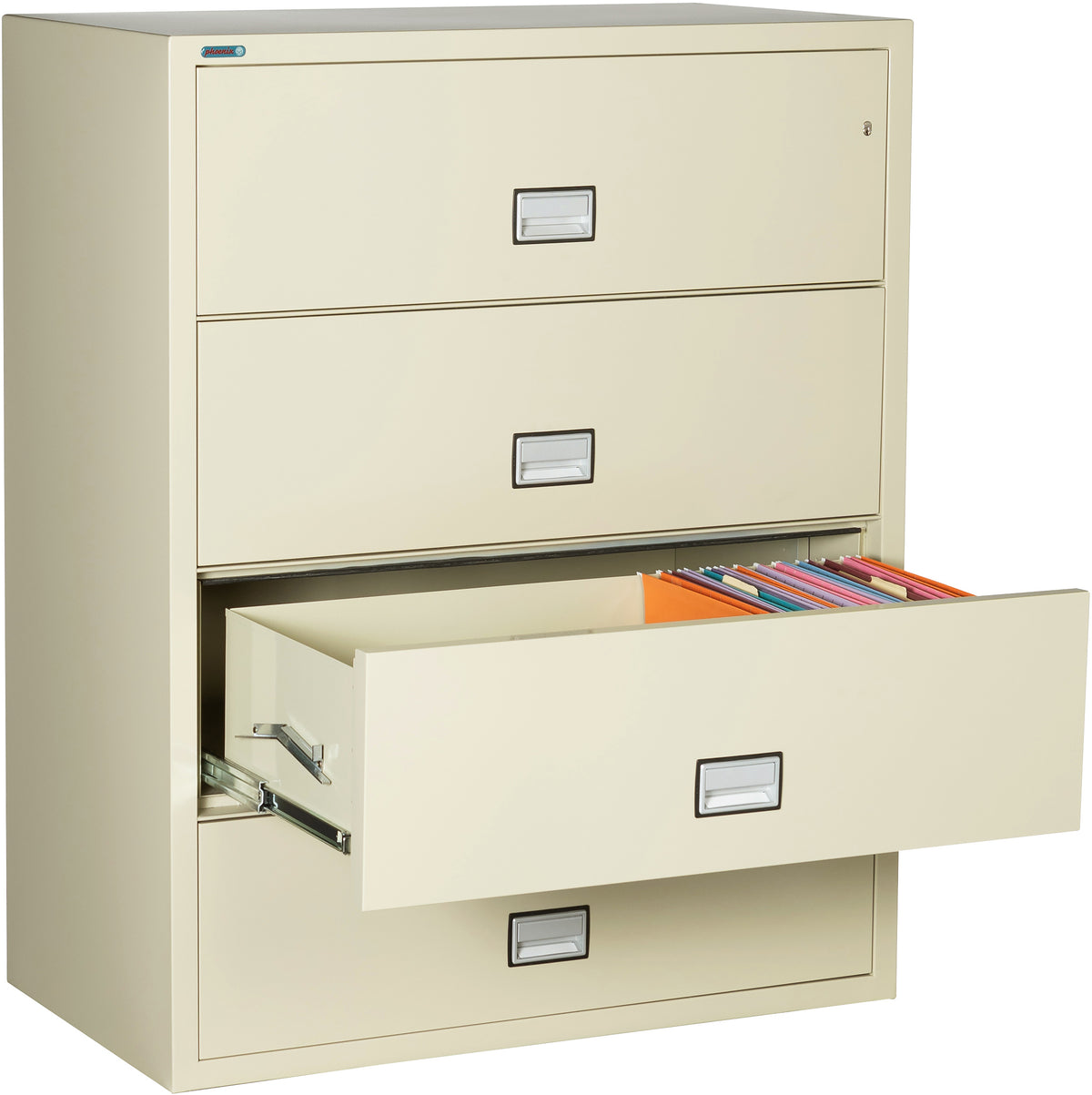 Phoenix Safe LAT4W44 44&quot; 4 Drawer Lateral Size Fire File Cabinet Putty Third Drawer Open 2