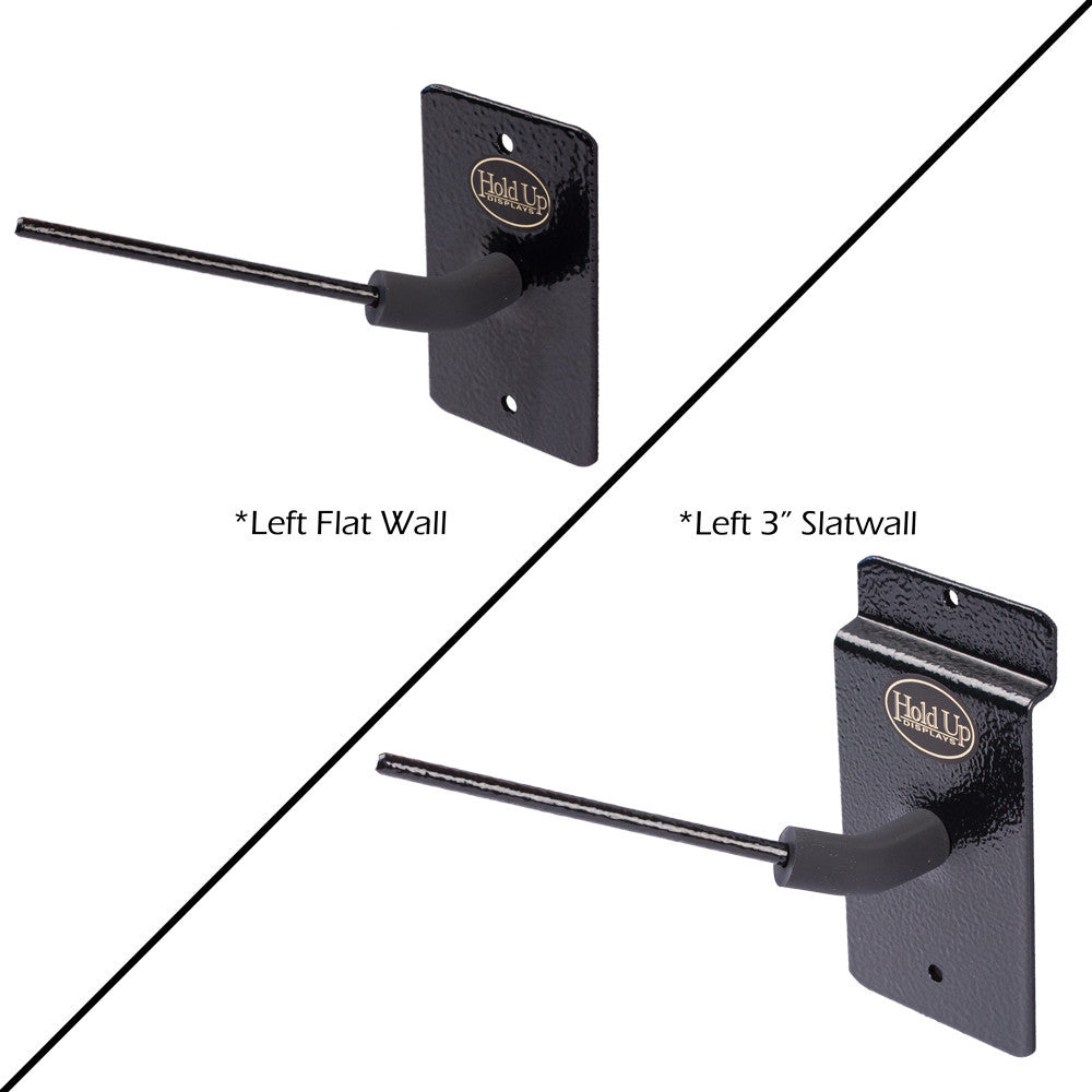 Two black wall-mounted hooks labeled 'Left Flat Wall' and 'Left 3" Slatwall' on a white background.
