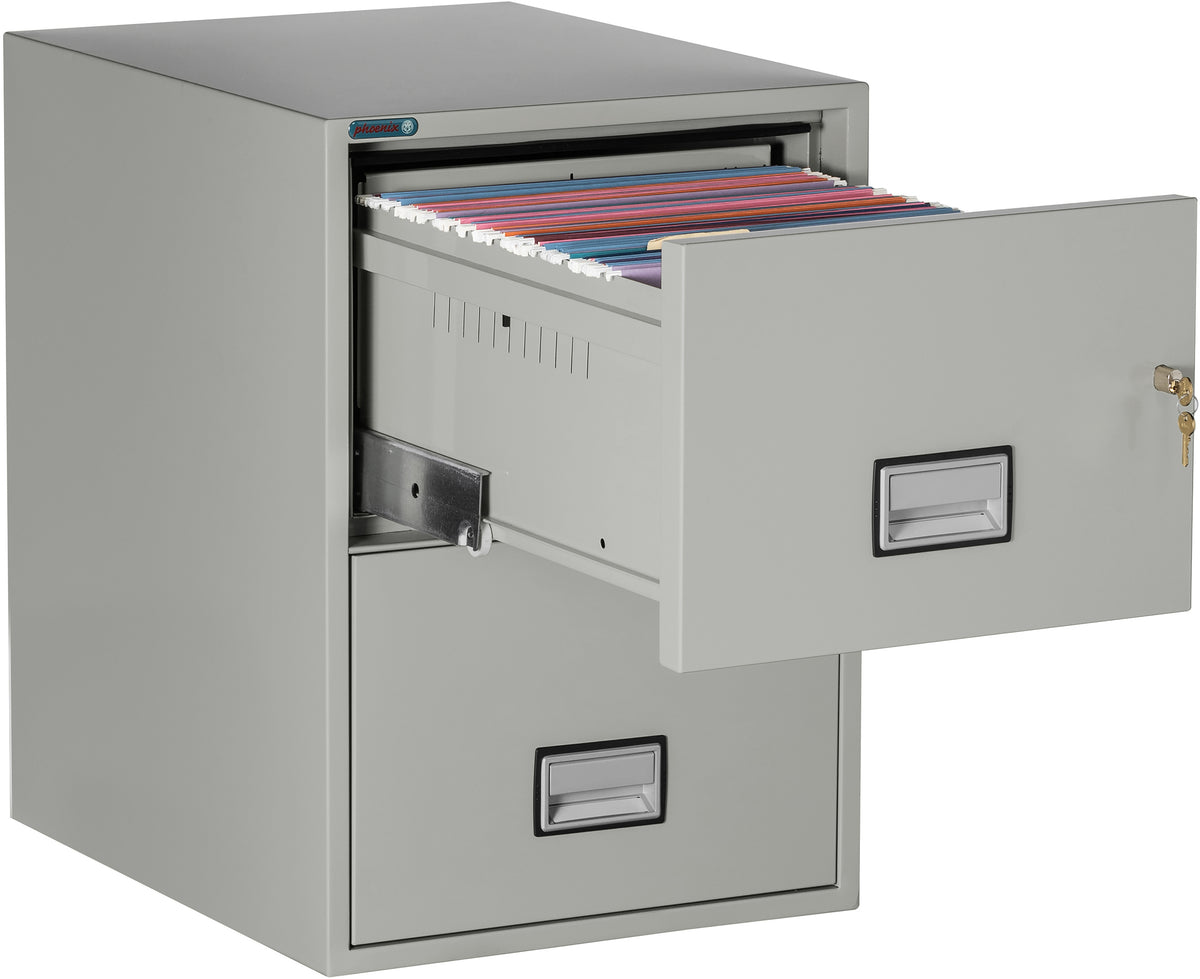 Phoenix Safe LGL2W25 25 inch 2 Drawer Legal Size Fire File Cabinet Light Gray Top Drawer Open 2