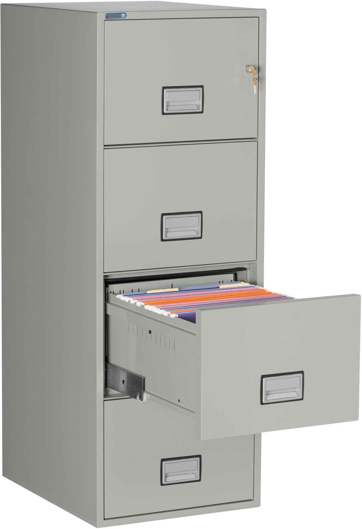 Phoenix Safe LGL4W25 25&quot; 4 Drawer Legal Size Fire File Cabinet Light Gray Third Drawer Open