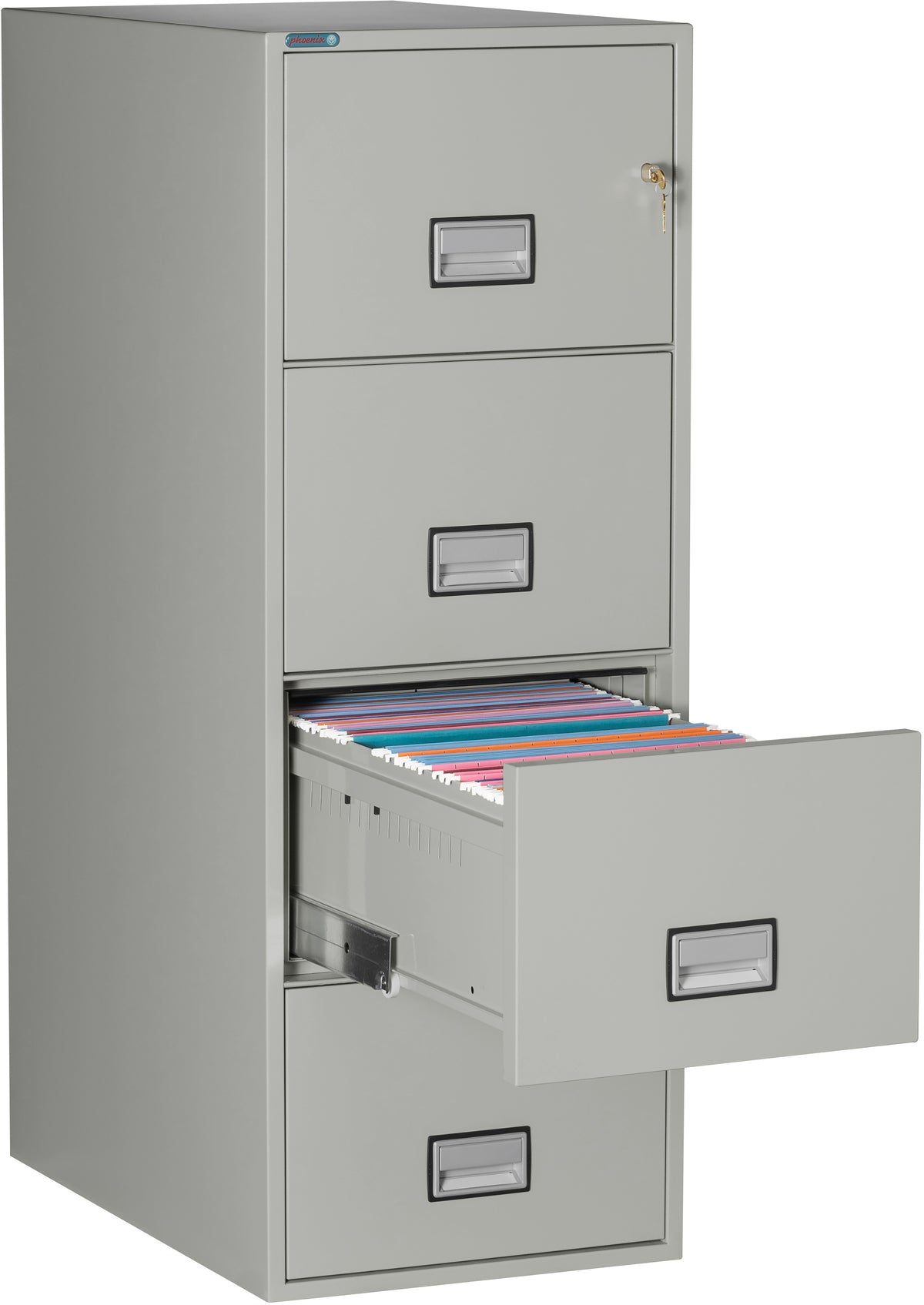 Phoenix Safe LGL4W31 31&quot; 4 Drawer Legal Size Fire File Cabinet Light Gray Third Drawer Open 2