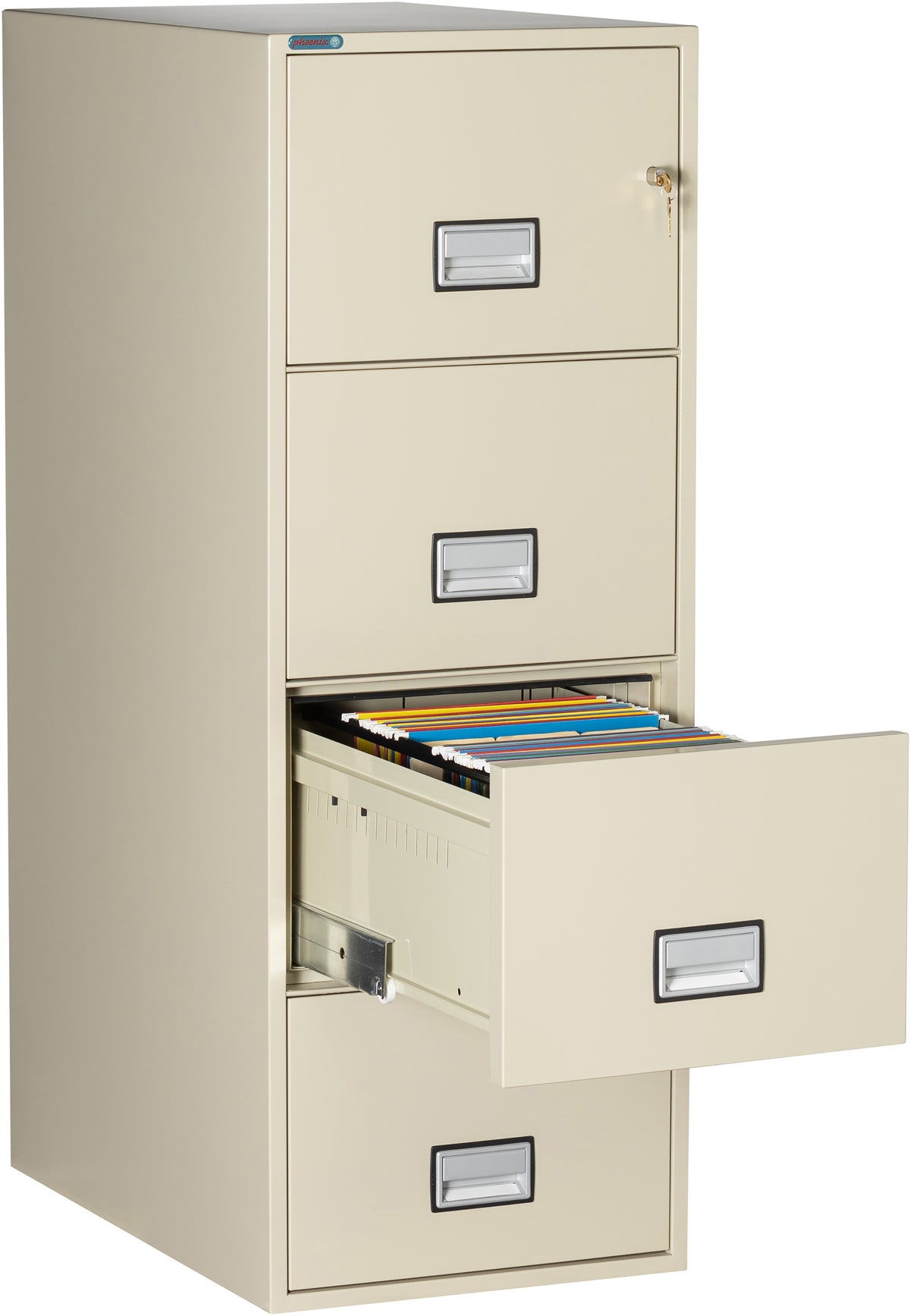 Phoenix Safe LGL4W31 31&quot; 4 Drawer Legal Size Fire File Cabinet Putty Third Drawer Open