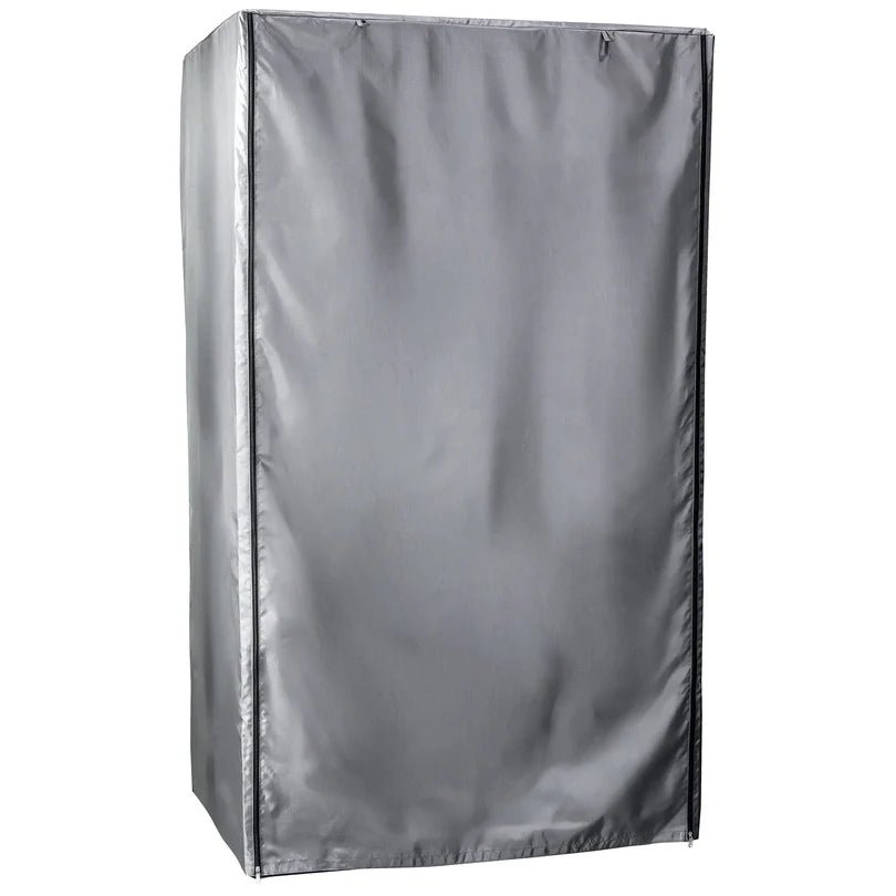 Liberty gray fabric safe cover installed on a gun safe with dual front zippers running down each side of the front panel