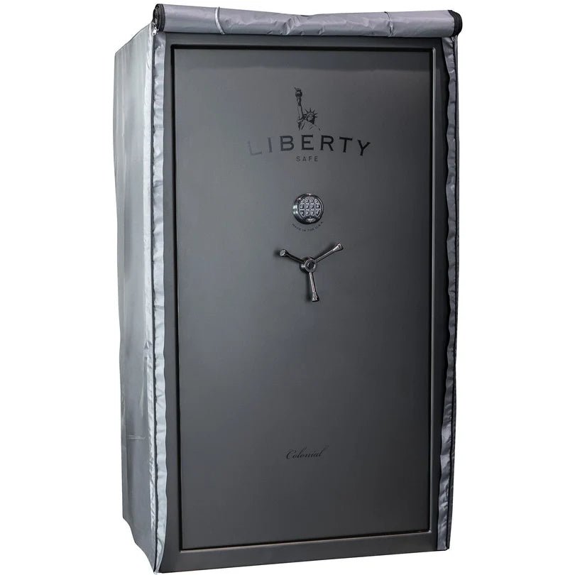 Liberty safe cover installed with the front panel rolled up revealing a Liberty gun safe for easy door access