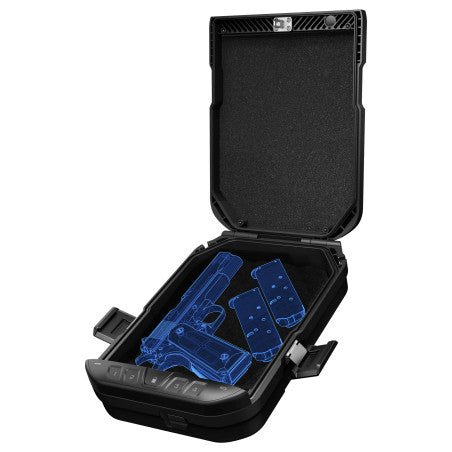 Vaultek LifePod 20 Essential open showing interior with ghost illustration of a full-size handgun and two magazines