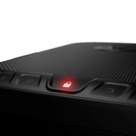 Vaultek LifePod 20 Essential keypad close-up showing illuminated red lock icon on the backlit touch-sensitive buttons
