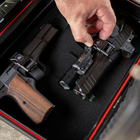 Vaultek XE-SK Range Kit installed in a LifePod XE securing two handguns with quick-release straps